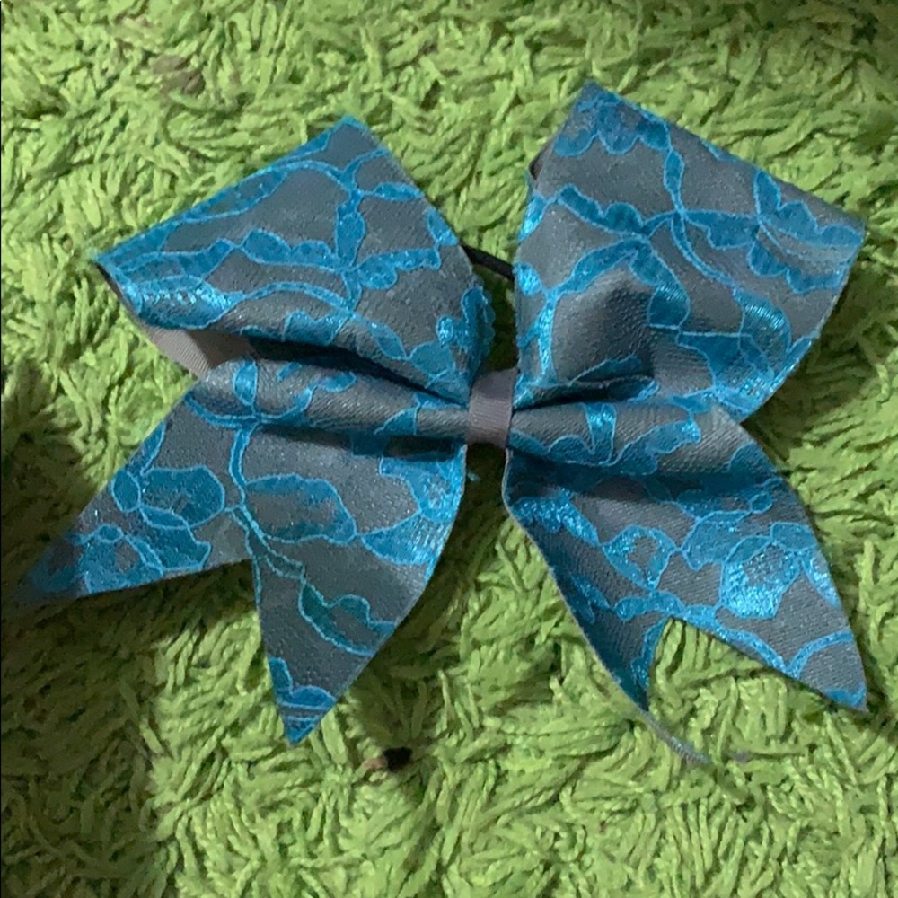 Blue lacy with gray ribbon cheer bow